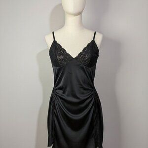 Black Satin Lace Mini Nightgown Ruched Sides Single Strap Chemise